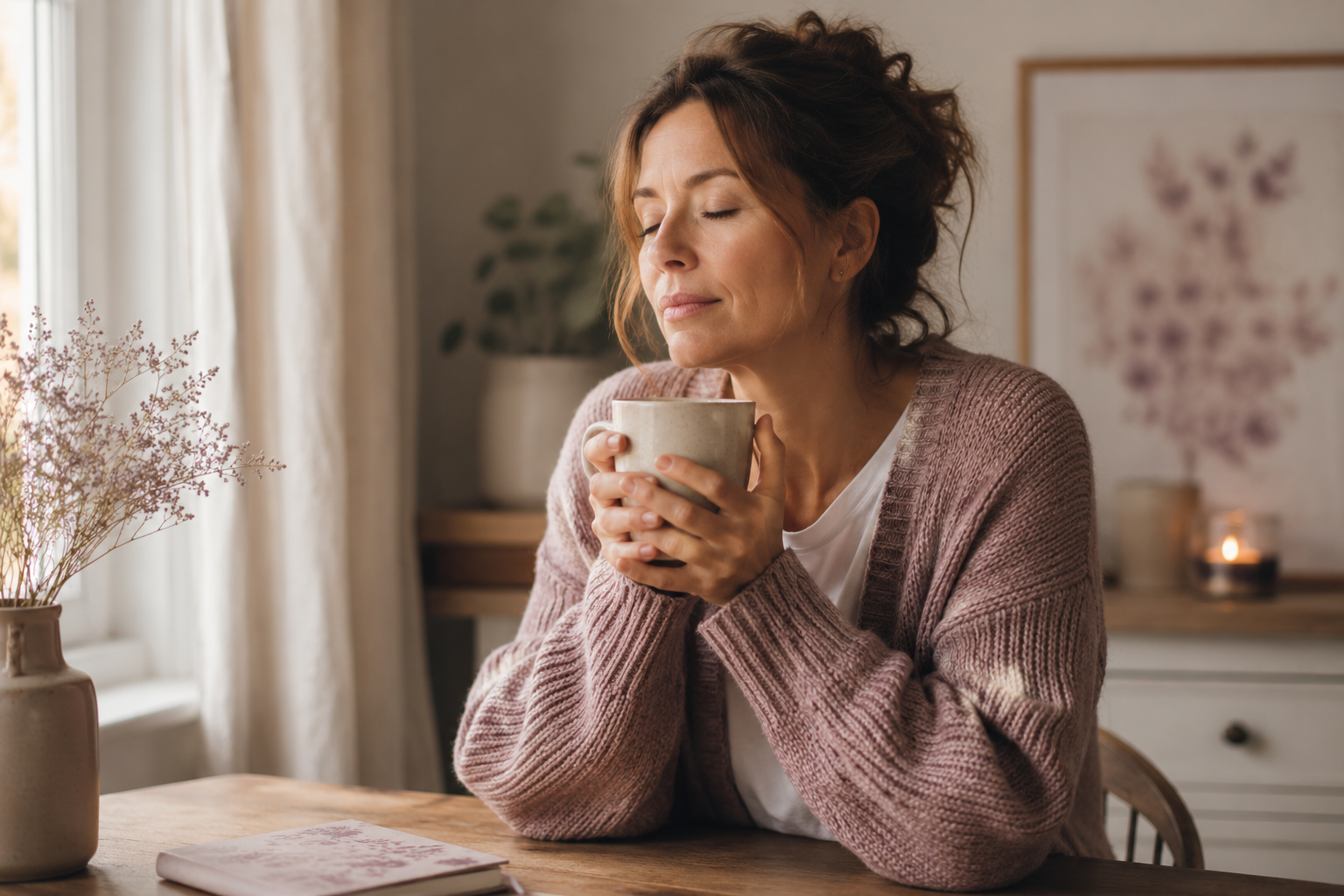 Woman sitting quietly with a warm mug looking peacefully tired in soft morning light