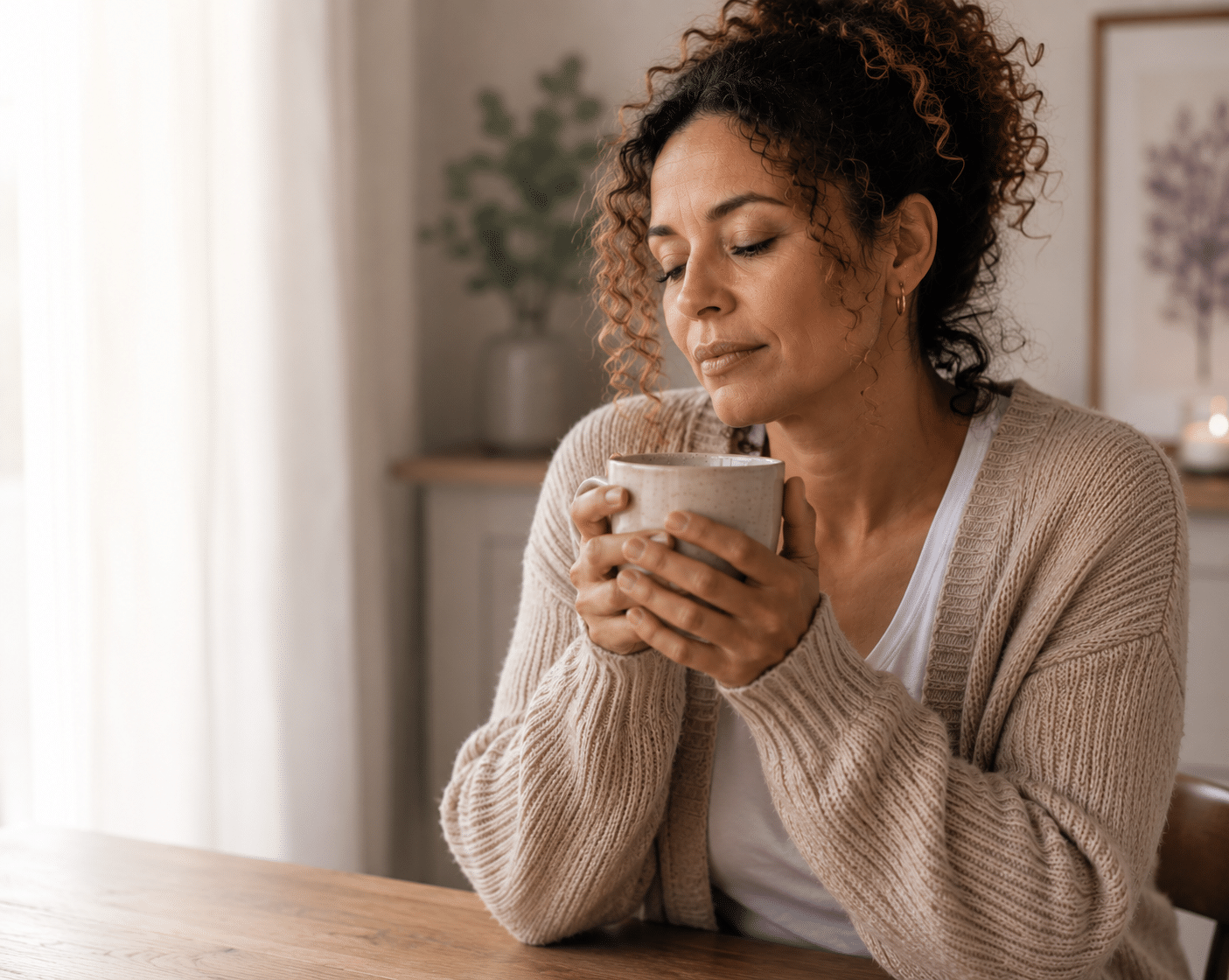 Woman sitting quietly with a warm mug looking peacefully tired in soft morning light