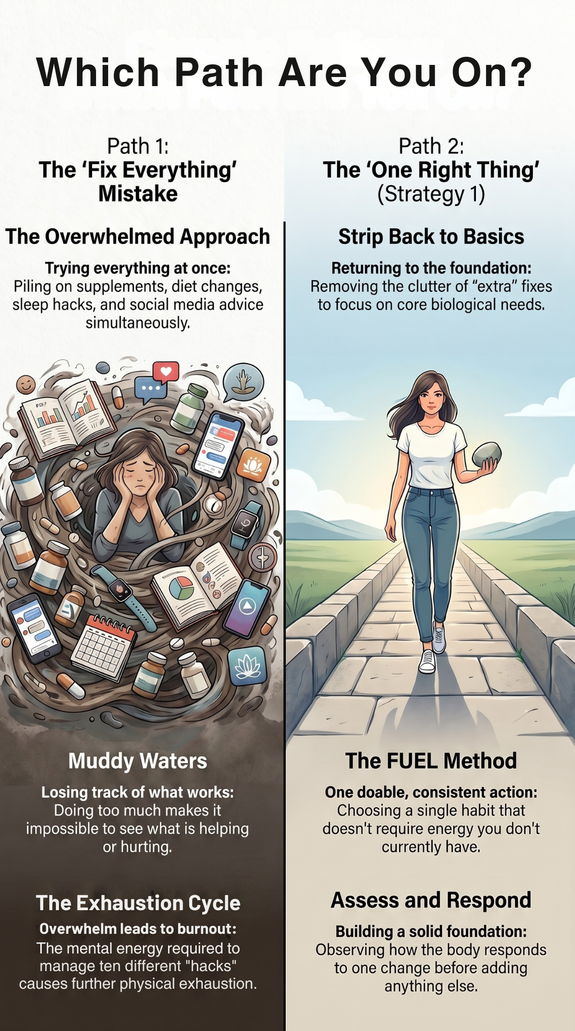 Two-path comparison: The Fix Everything Mistake versus The One Right Thing approach using the FUEL Method.