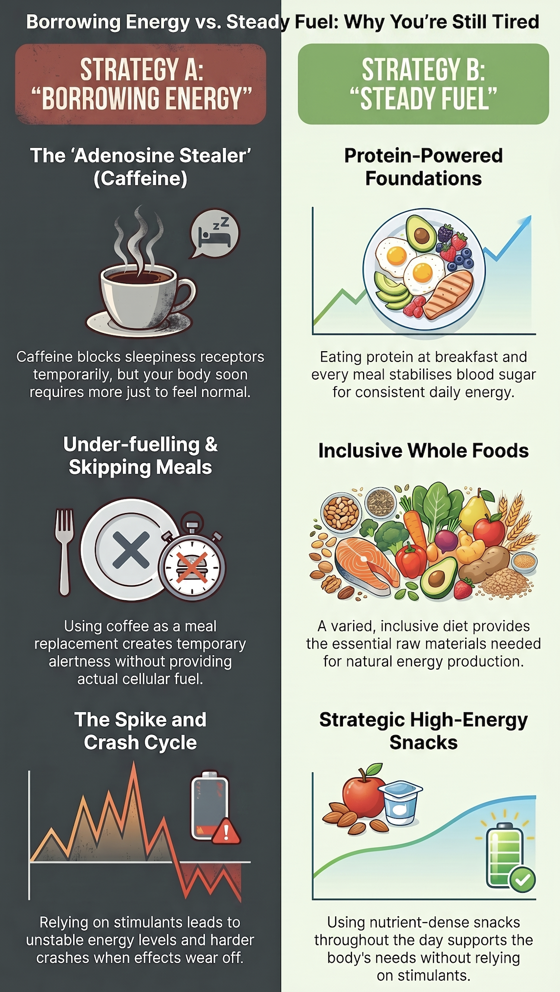 Side-by-side comparison: Borrowing Energy through caffeine versus Steady Fuel through food and protein.