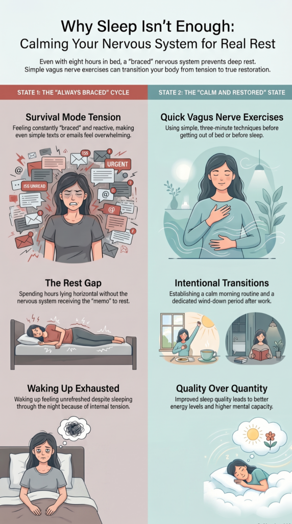 Infographic showing how a braced nervous system can leave you tired despite sleep, compared with calming tools that support better rest.