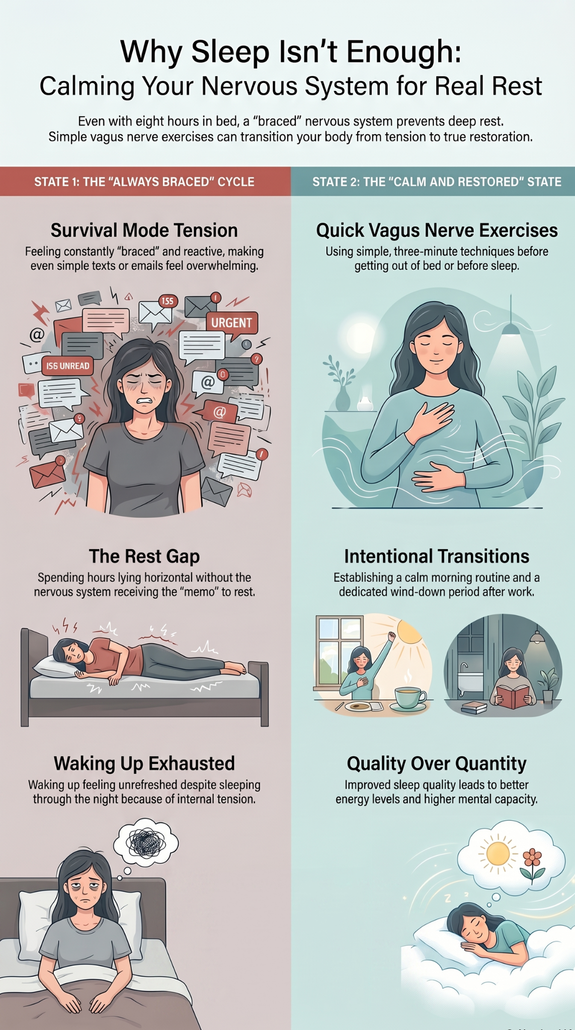 Two-state comparison: The Always Braced cycle of nervous system tension versus The Calm and Restored state with vagus nerve exercises and intentional rest.