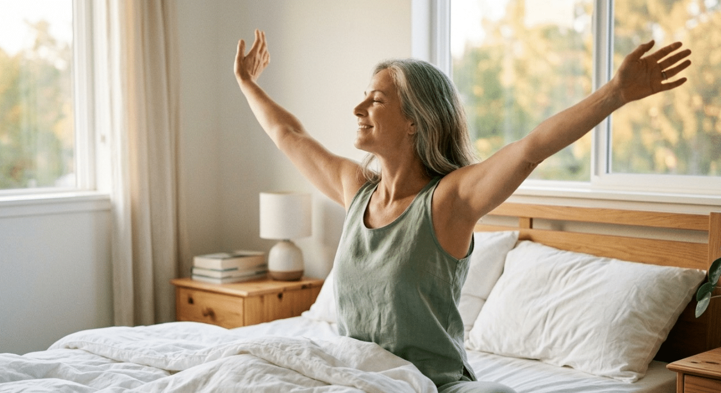 Woman sitting up in bed stretching in soft morning light, looking rested and energised.