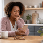 Tired Black woman in her 40s looking thoughtfully at her phone while sitting at a kitchen table.