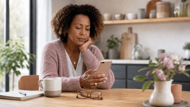 Tired Black woman in her 40s looking thoughtfully at her phone while sitting at a kitchen table.