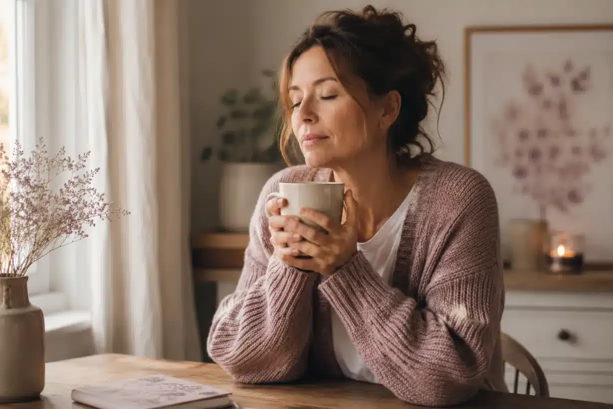 Woman sitting quietly with a warm mug looking peacefully tired in soft morning light