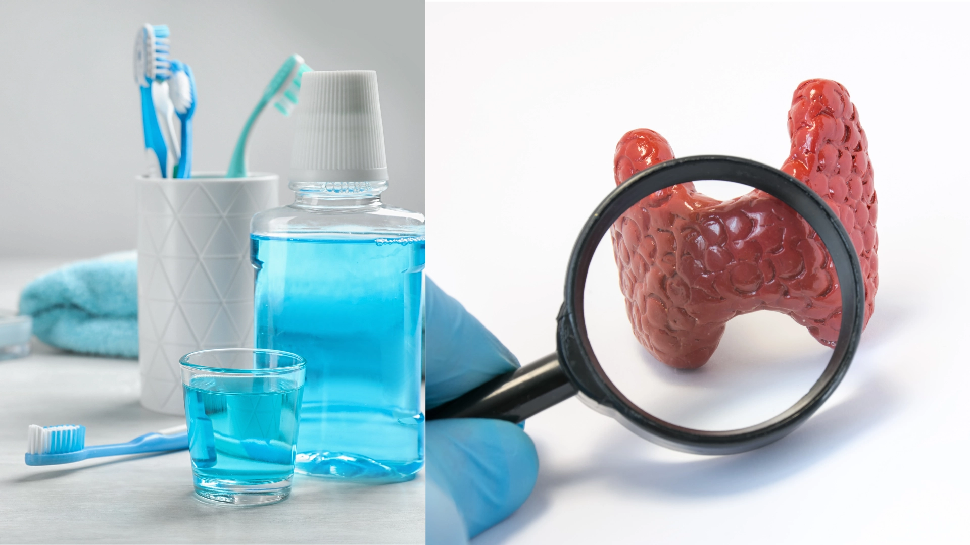 Oral care products and thyroid under a magnifier Oral care products and thyroid under a magnifier