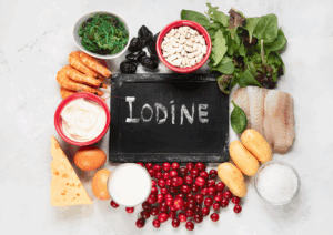 Foods rich in iodine including shrimp, fish, seaweed, dairy, eggs, cheese, cranberries, beans, potatoes, leafy greens, and iodised salt — displayed around a chalkboard with the word ‘Iodine’ written on it.